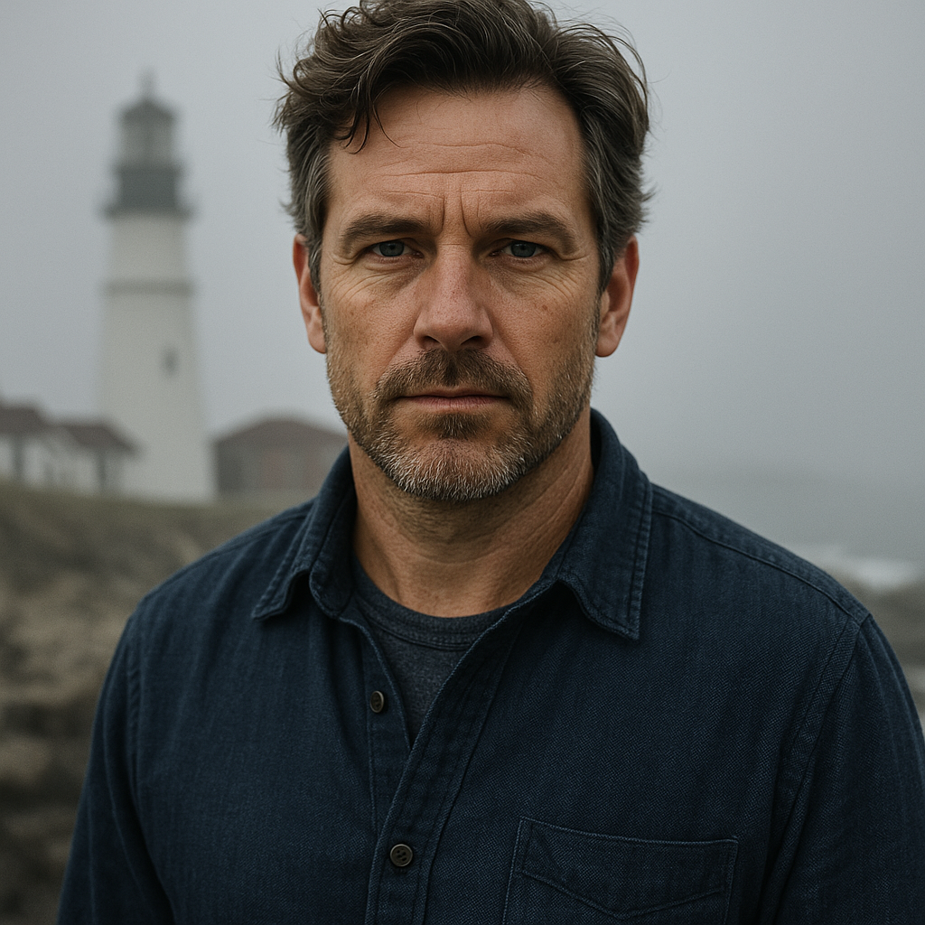 Portrait of Elias Whitlock with the lighthouse behind him