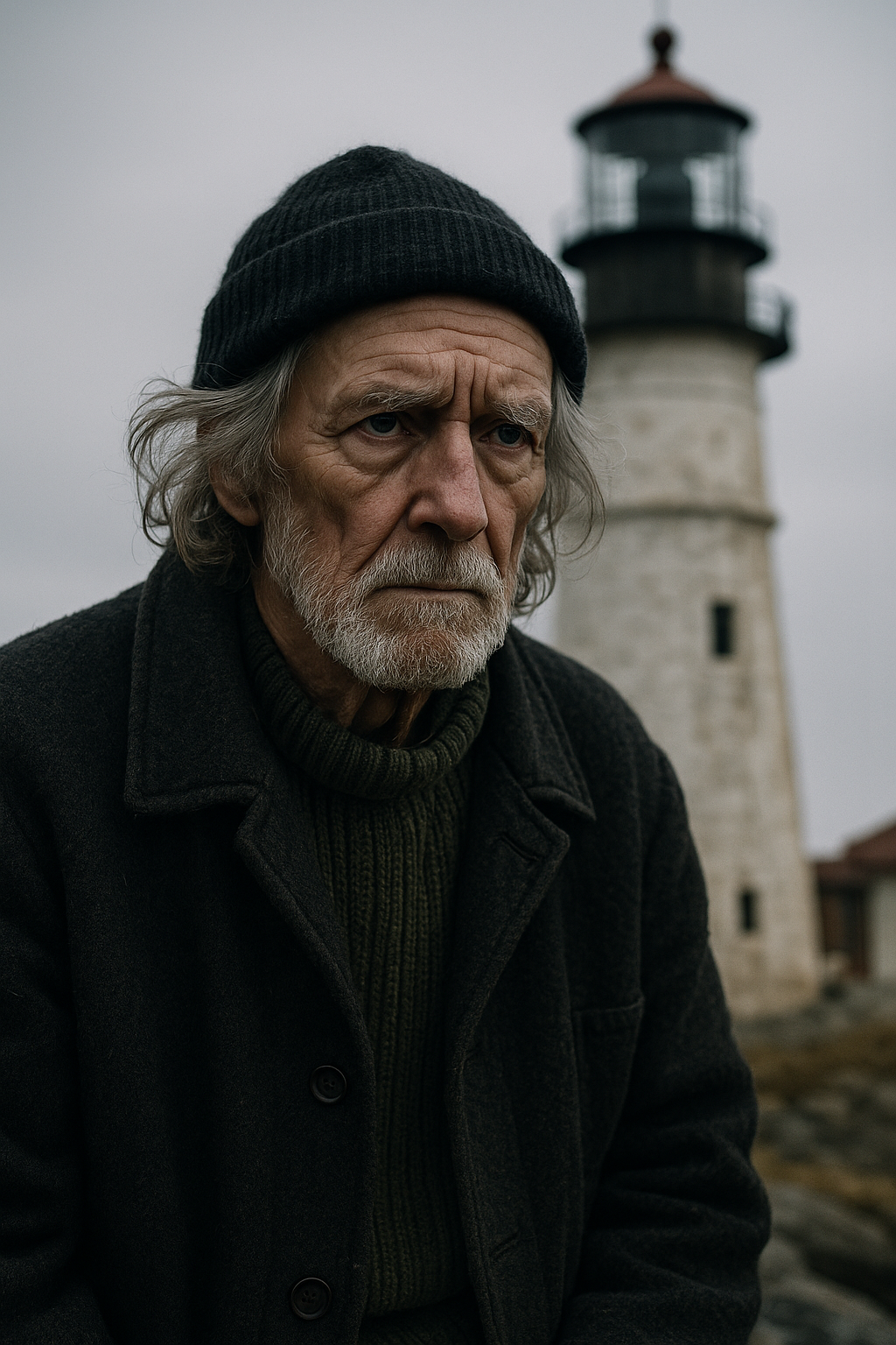 Portrait of Gideon Pike standing before the lighthouse
