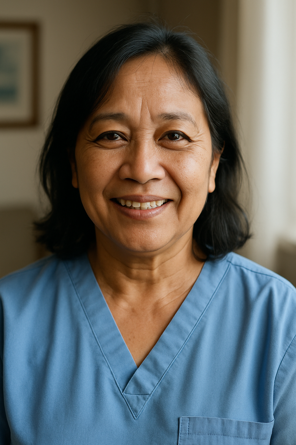 Portrait of Jean Santiago in caregiver scrubs