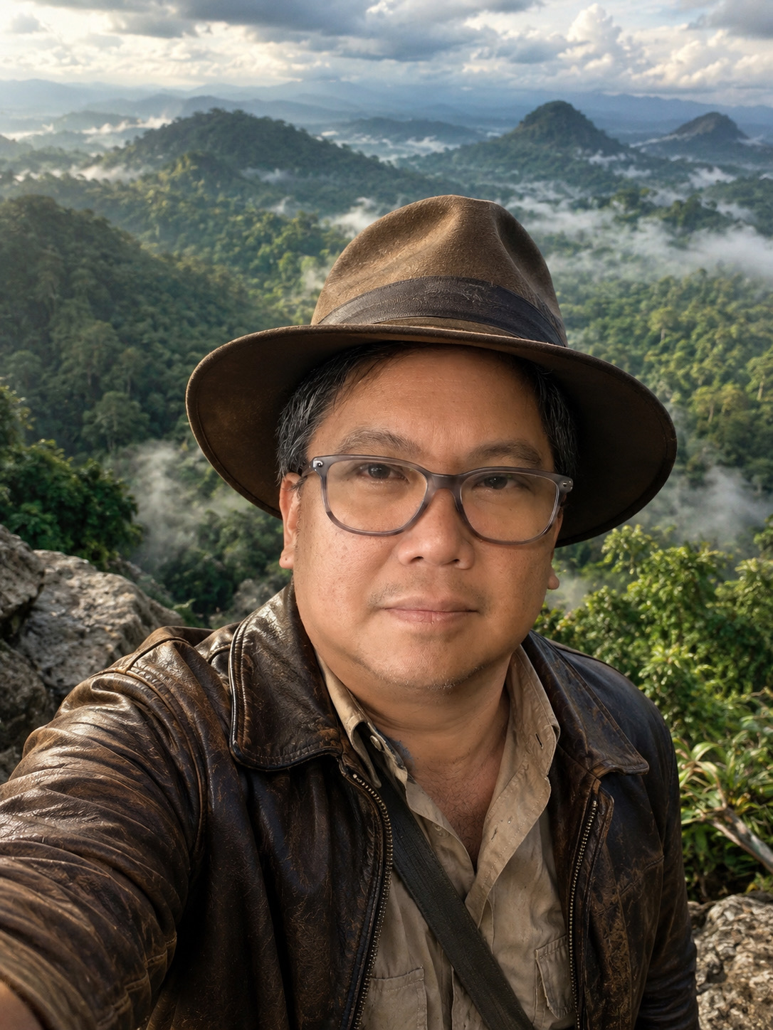 Joseph Simon in an explorer-inspired portrait above a rainforest landscape