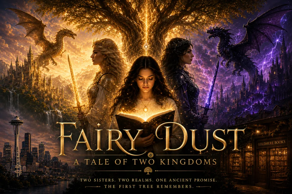 Fairy Dust fantasy artwork featuring Victoria, the fairy queens, the First Tree, and dragons