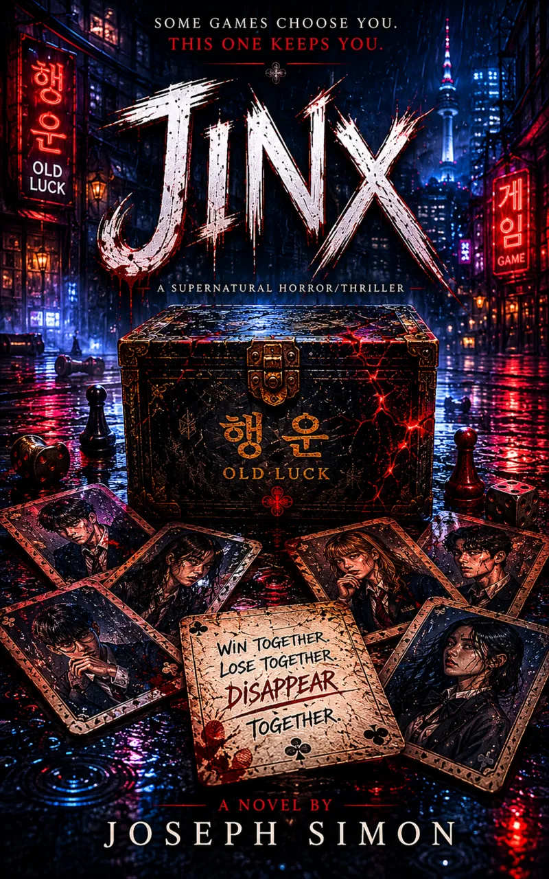 Jinx supernatural thriller artwork featuring the Old Luck game in neon Seoul